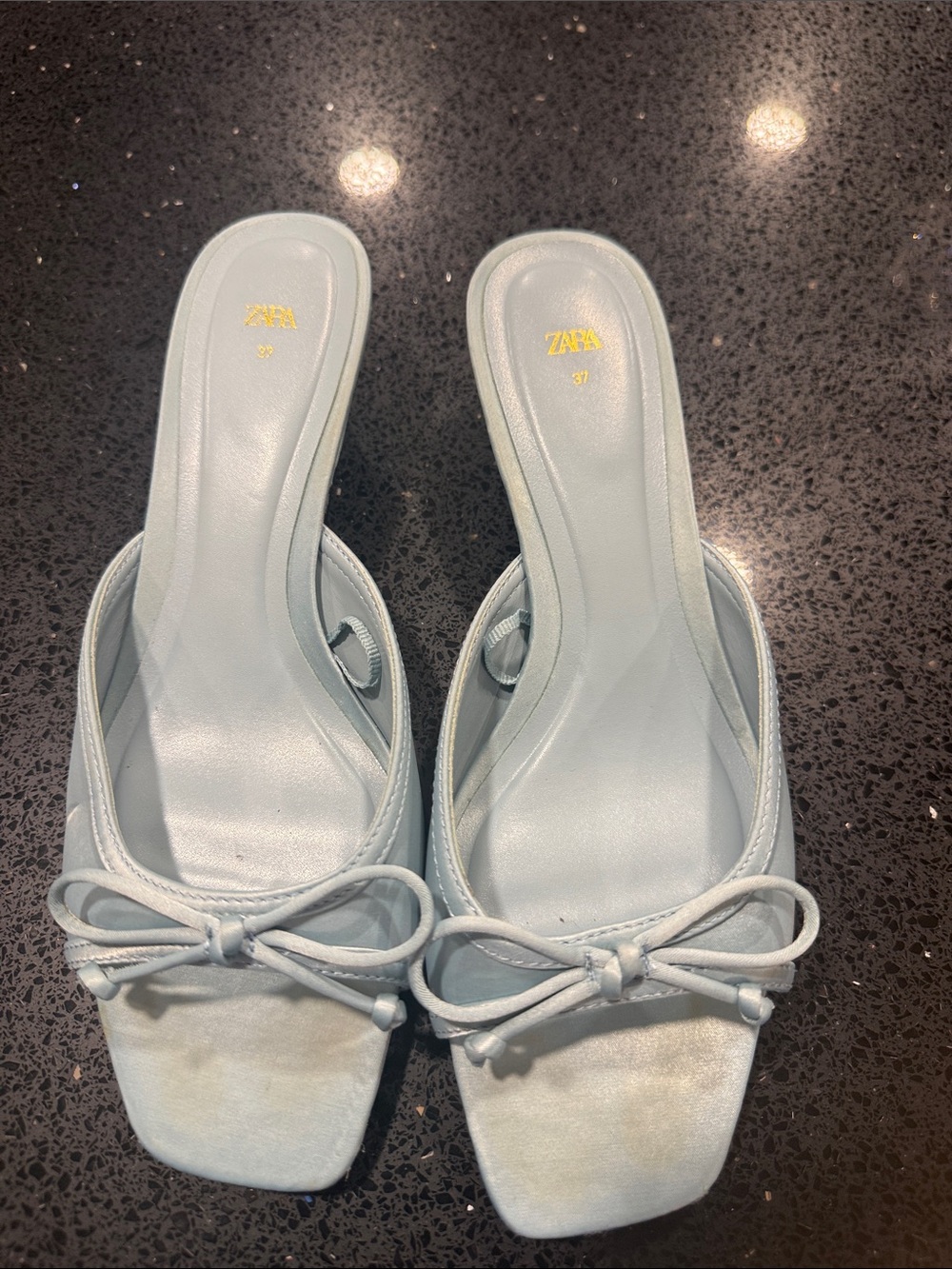 Zara Pale Blue Square-Toe Bow Mule Slides